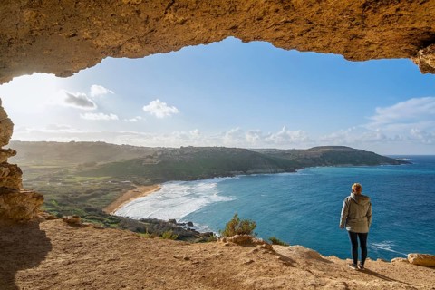 Scenic View from Tal-Mixta Cave Overlooking Ramla Bay, Gozo, Malta