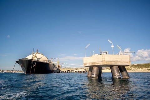 Floating Storage Unit or FSU next to power station by Marsaxlokk, south of Malta