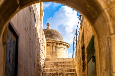 Stone stairs leading to the rooftop, La Valletta, capital city of Malta