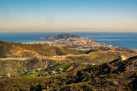 Amazing landscape of Ceuta in Spain, with morrocan mountains in the foreground