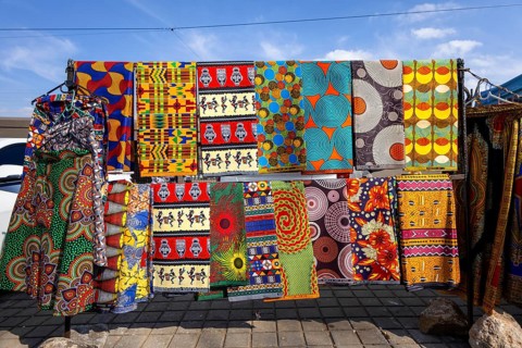 Vibrant african fabrics on display in Soweto, south africa. bold ankara prints and wax designs
