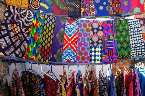 Vibrant african fabrics on display in Soweto, south africa. bold ankara prints and wax designs