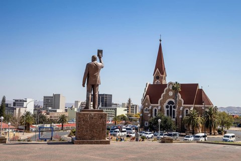 The bronze statue of Dr. Sam Nujoma in Windhoek, Namibia - August 11, 2025