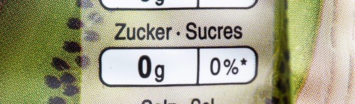 Quantity and percentage of the recommended daily intake of the nutrient sugar on a packet of