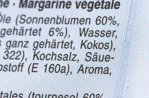 List of ingredients on a packet of margarine. Focus on flavour
