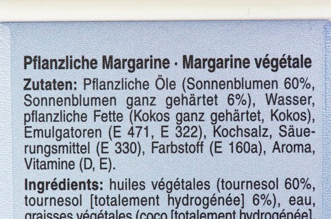 List of ingredients on a packet of margarine