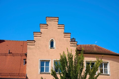 Building with stepped gable and green tree under a clear sky, Regensburg, Bavaria, Germany