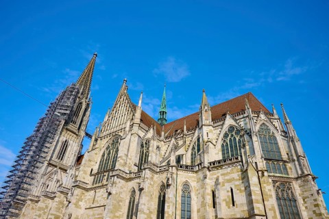 Majestic Gothic cathedral with numerous towers and a complex façade, St Peter's Cathedral,
