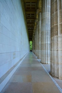 Long and narrow colonnade with a symmetrical vanishing point on the left, Walhalla, Donaustauf,