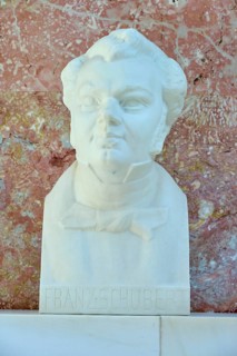 Marble bust of Franz Schubert, musical expression against a red background, Walhalla, Donaustauf,