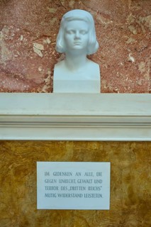 Marble bust of Sophie Scholl with memorial plaque in memory of resistance, Walhalla, Donaustauf,