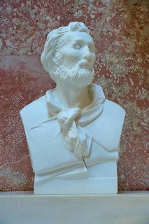 Marble bust of Heinrich Heine with beard against a reddish background, Walhalla, Donaustauf,