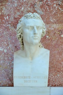 Marble bust of Friedrich Schiller, poet, against a reddish background, Walhalla, Donaustauf,