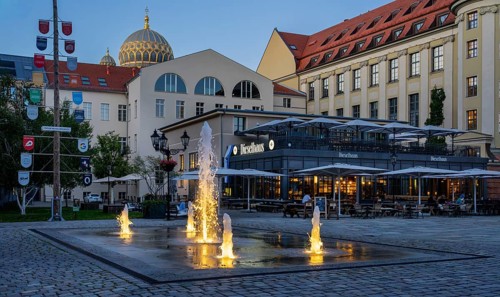 Evening atmosphere at the Forum of the Museum Island, Restaurant Dieselhaus, Berlin, Germany