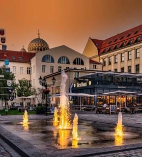 Evening atmosphere at the Forum of the Museum Island, Restaurant Dieselhaus, Berlin, Germany