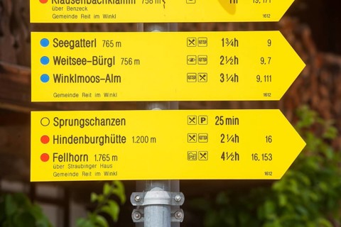 Yellow signposts for hiking trails, Reit im Winkl, Chiemgau, Upper Bavaria, Bavaria, Germany