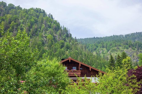 Old house with forest, Reit im Winkl, Chiemgau, Upper Bavaria, Bavaria, Germany