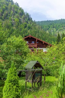 Old house with garden and forest, Reit im Winkl, Chiemgau, Upper Bavaria, Bavaria, Germany