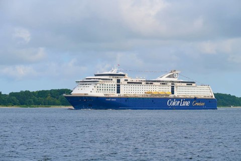 Ferry of the Color Line on the sea with cloudy sky, Heikendorf, district Plön, Kieler Förde,