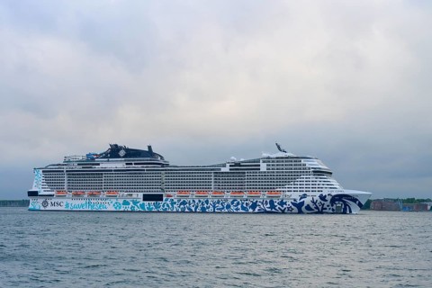 A cruise ship, MSC Euribia, the MSC on the sea under a cloudy sky, Heikendorf, Plön district, Kiel