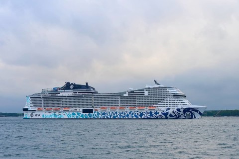Cruise ship, MSC Euribia, at sea under a cloudy sky, Heikendorf, Plön district, Kiel Fjord,