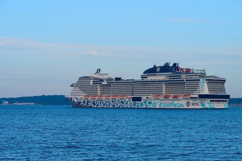 Cruise ship, MSC Euribia, sailing across the open sea in the distance, Heikendorf, Plön district,