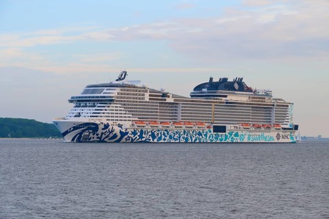 Impressive cruise ship, MSC Euribia, on the sea under a slightly cloudy sky, Heikendorf, Plön