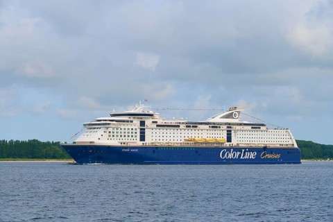 Large Color Line ferry on the sea under a cloudy sky, Heikendorf, Plön district, Kiel Fjord,