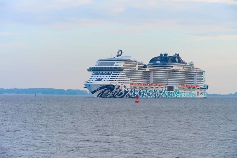 Large cruise ship, MSC Euribia, gliding calmly across the wide sea, Heikendorf, Plön district, Kiel