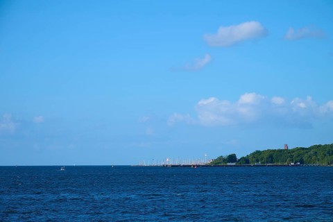 Wide sea to the horizon under a clear blue sky on a calm day, Heikendorf, Plön district, Kiel
