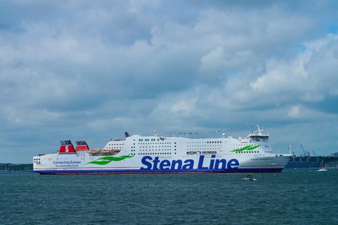 Stena Line ferry underway on the sea with dramatic cloudy sky in the background, Windjammer Parade