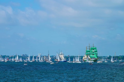 Several sailing ships on the blue sea under a slightly cloudy sky, Windjammer Parade Kiel 2025,
