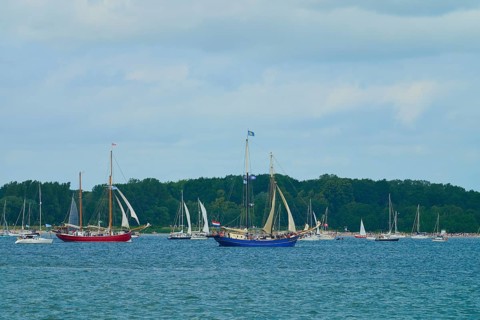 Sailing boats and yachts on calm water with wooded coastline and cloudy sky, Windjammer Parade Kiel