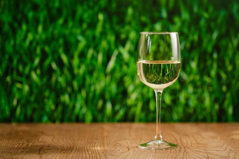 A clear glass filled with white wine on a wooden table. The backdrop features lush green grass,