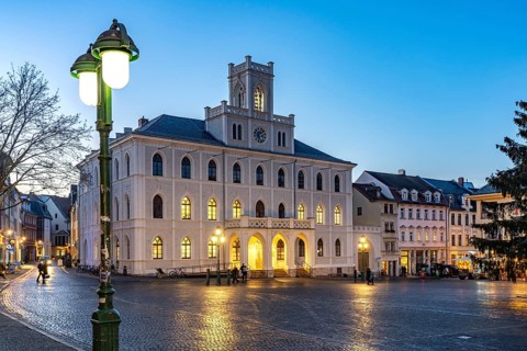The town hall at dusk, Weimar, Thuringia, Germany