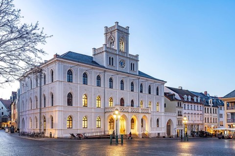 The town hall at dusk, Weimar, Thuringia, Germany