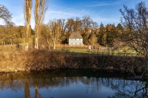Park on the Ilm with Goethe's garden house in Weimar, Thuringia, Germany