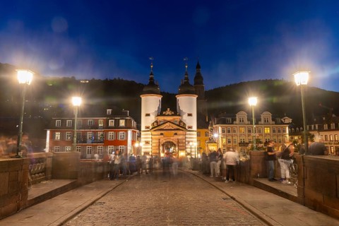 City Gate Old Bridge, River, Blue Hour, Heidelberg, Electoral Palatinate, Baden-Württemberg,