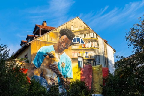 Large graffiti on a house facade, man, sportsman, dog, Märzgasse, Heidelberg, Kurpfalz,