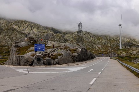 Road junction at the top of the Gotthard Pass, junction to Milan and Bellinzona and to Lucerne and