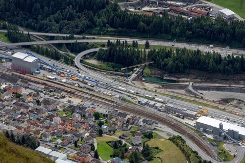 Traffic jam on the Gotthard motorway, northbound, Airolo tunnel entrance, Ticino, Switzerland