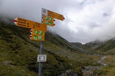 Signpost at Mätteli, ascent to the Gotthard Pass, Uri, Switzerland
