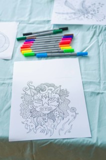 Detailed cat drawing on paper with coloured markers on a table, Youth Research Centre