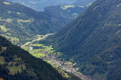 View of the upper Leventina with railway line and motorway, Passo Scimfuss, Ticino, Switzerland