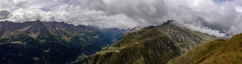 Panorama, view over the Tremola and the Bedretto valley into the Cristallina area, Basodino glacier