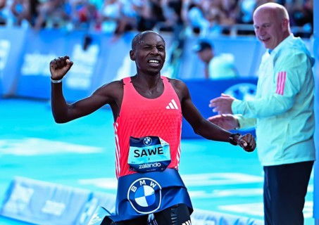 Sabastian Sawe wins the Berlin Marathon in a time of 2:02:16 hours at the Berlin Marathon 2025