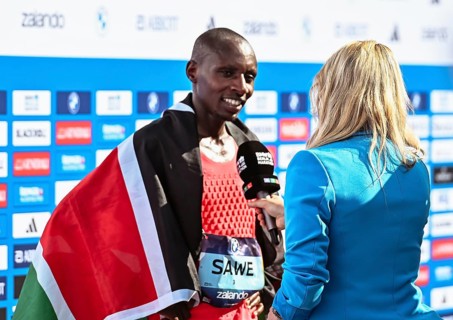 Sabastian Sawe wins the Berlin Marathon in a time of 2:02:16 hours at the Berlin Marathon 2025