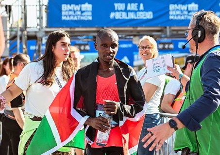 Sabastian Sawe wins the Berlin Marathon in a time of 2:02:16 hours at the Berlin Marathon 2025