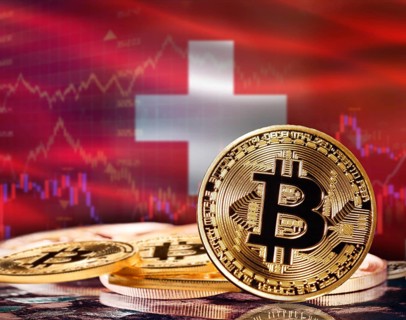Bitcoin with Switzerland flag in the background. Investors in cryptocurrency and Blockchain