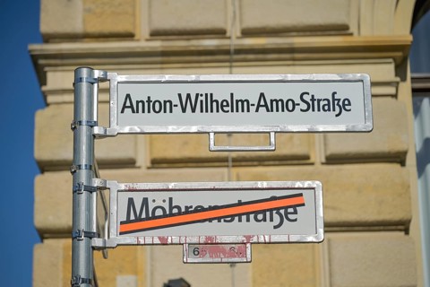 Street sign Anton-Wilhelm-Amo-Straße, formerly Mohrenstraße, Mitte, Berlin, Germany